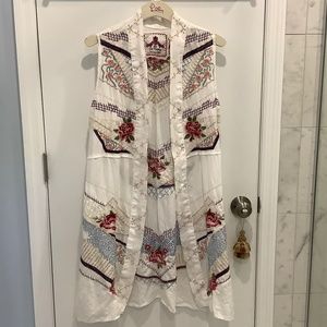 Johnny WAS Sabine Novelle linen embroidered long vest Small